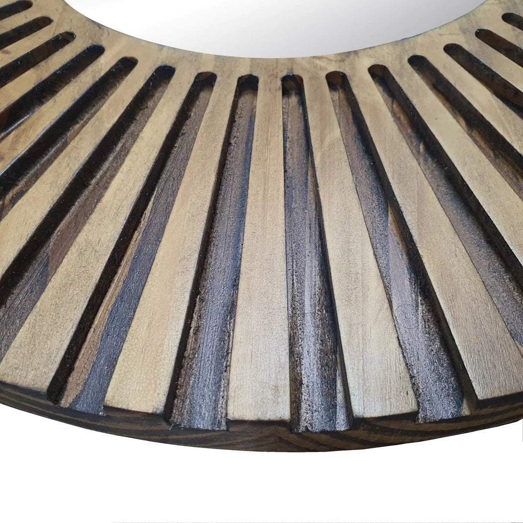 Runder Wandspiegel mit Geriffeltem Rahmen aus Dunklem Holz 52cm